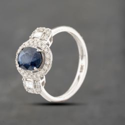 Second Hand 18ct White Gold Sapphire & 0.57ct Diamond Halo Oval Cluster Ring 43361141