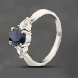 Second Hand Platinum 1.29ct Sapphire & 0.35ct Pear Cut Diamond Oval Three Stone Ring 43361207