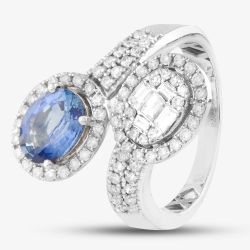 Second Hand 18ct White Gold 1.34ct Sapphire & 0.74ct Diamond Double Cluster Crossover Ring 4336155231