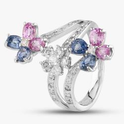 Second Hand 18ct White Gold Certificated Blue & Pink Sapphire & Brilliant Cut Diamond Triple Cluster Ring 433615625