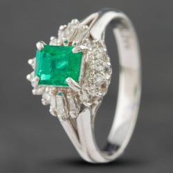 Second Hand Platinum 0.65ct Emerald & 0.27ct Baguette Cut Diamond Square Cluster Ring 43371005