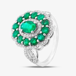 Second Hand 14ct White Gold Certificated 2.00ct Emerald & 0.55ct Brilliant Cut Diamond Oval Cluster Ring 43371026