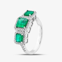 Second Hand 18ct White Gold Emerald & Brilliant Cut Diamond Triple Cluster Ring 43371030