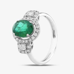 Second Hand 18ct White Gold Oval Cut Emerald & Diamond Cluster Ring 43371038