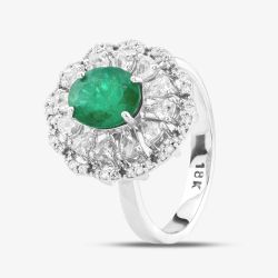 Second Hand 18ct White Gold Oval Cut Emerald & Diamond Cluster Ring 43371040