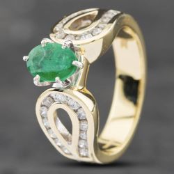 Second Hand 14ct Yellow Gold 0.80ct Oval Cut Emerald & 0.50ct Brilliant Cut Diamond Dress Ring 43371043