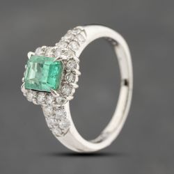 Second Hand Platinum 0.97ct Emerald Cut Emerald & 0.66ct Brilliant Cut Diamond Cluster Ring 43371054
