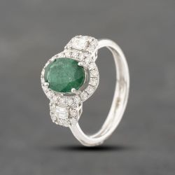 Second Hand 18ct White Gold Emerald & 0.58ct Diamond Oval Cluster Ring 43371060