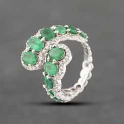 Second Hand 18ct White Gold Emerald & 0.56ct Brilliant Cut Diamond Graduated Multi-Cluster Crossover Dress Ring 43371061