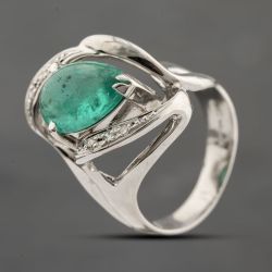 Second Hand Platinum 2.95ct Cabochon Cut Emerald & 0.08ct Diamond Tear Drop Dress Ring 43371067