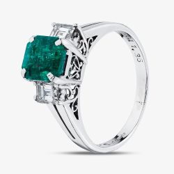 Second Hand Platinum 1.36ct Emerald & 0.50ct Emerald Cut Diamond Three Stone Ring 43371075