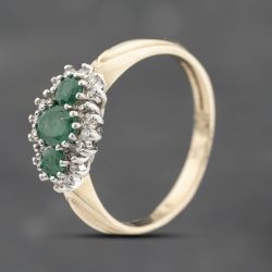 Second Hand 9ct Yellow Gold Emerald & 0.16ct Diamond Boat Shaped Cluster Ring 43371082