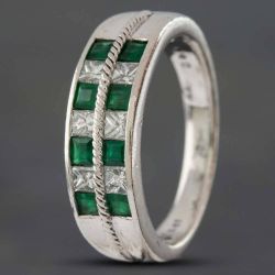 Second Hand Platinum 0.51ct Emerald & 0.41ct Princess Cut Diamond Two Row Ring 433715727