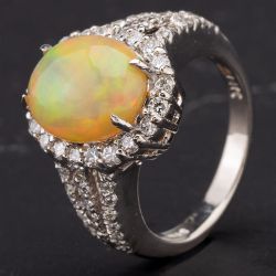 Second Hand 14ct White Gold Oval Cabochon Cut 2.97ct Opal & 0.80ct Diamond Ring 4338019