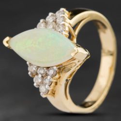 Second Hand 14ct Yellow Gold 1.46ct Opal & 0.42ct Brilliant Cut Diamond Marquise Cluster Ring 4338030