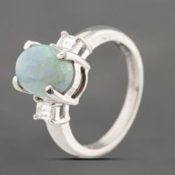 Second Hand Platinum 1.85ct Opal & 0.25ct Baguette Cut Diamond Oval Three Stone Ring 43381018