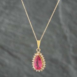 Second Hand 9ct Yellow Gold 2.20ct Pink Tourmaline & 0.33ct Brilliant Cut Diamond Pear Shape Pendant & 16 Inch Prince Of Wales Chain 431415711