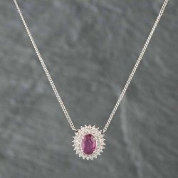 Second Hand Platinum 1.78ct Ruby & 0.39ct Brilliant Cut Diamond Oval Cluster Pendant & 16 Inch Curb Chain 431415712