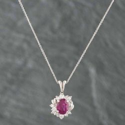 Second Hand Platinum 2.36ct Ruby & 0.48ct Brilliant Cut Diamond Oval Cluster Pendant & 16 Inch Trace Chain 43391579