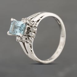 Second Hand Platinum 0.96ct Aquamarine & 0.13ct Diamond Rectangular Cluster Ring 43401021