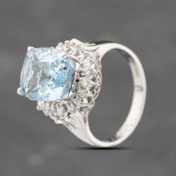 Second Hand Platinum Aquamarine & 0.40ct Diamond Cushion Shape Cluster Ring 43401022