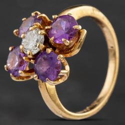 Second Hand 9ct Yellow Gold Amethyst & Diamond Flower Cluster Ring 4342014