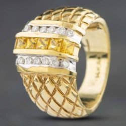 Second Hand 14ct Yellow Gold Yellow Sapphire & 0.30ct Brilliant Cut Diamond Three Row Dress Ring 434315616