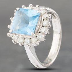 Second Hand Platinum 0.68ct Blue Topaz & Brilliant Cut Diamond Cushion Shape Cluster Ring 43451012