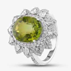 Second Hand 18ct White Gold Green Tourmaline & Diamond Large Oval Cluster Ring 434615640