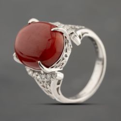 Second Hand Platinum Coral & 0.24ct Brilliant Cut Diamond Oval Dress Ring 43531000