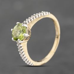 Second Hand 9ct Yellow Gold 1.00ct Peridot & 0.17ct Brilliant Cut Diamond Round Dress Ring 43541007