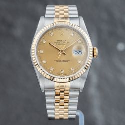 Second Hand Rolex Mens Datejust Gold Dial Two Colour Bracelet Watch 16233