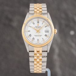 Second Hand Rolex Mens Datejust White Dial Two Colour Bracelet Watch 15223