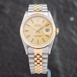 Second Hand Rolex Mens Datejust Gold Dial Silver Bracelet Watch 16233
