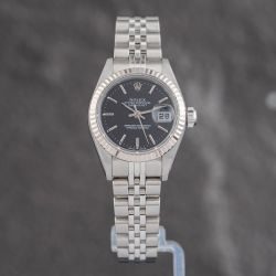 Second Hand Rolex Ladies Datejust Black Dial Silver Bracelet Watch 79174