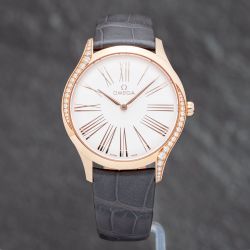 Second Hand OMEGA Ladies De Ville Tresor 18ct Rose Gold White Leather Strap Watch 428.58.36.60.02.001