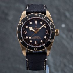 Second Hand Tudor Mens Black Bay Grey Dial Black Leather Strap Watch 79250BA