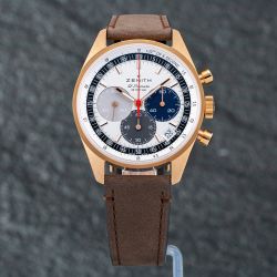 Second Hand Zenith Mens Chronomaster Original 18ct Rose Gold Silver Dial Leather Strap Watch 18.3200.3600/69.C901