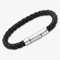 Unique Stainless Steel 19cm Black Leather Bracelet A40BL/19CM-PR (GWP)