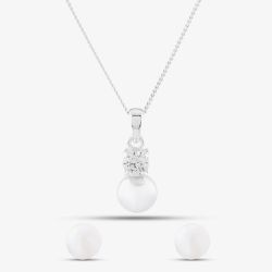 Silver Crystal Pearl Drop Jewellery Set 8.63.3994 & EOW107SD