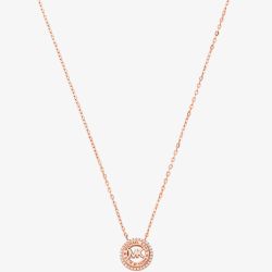 Michael Kors Ladies Premium Rose Gold Plated Cubic Zirconia Circle Logo Pendant Necklace MKC1388AN791