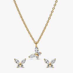 PANDORA 14ct Gold Plated Sparkling Butterfly Jewellery Set 364267C01-45 & 264264C01
