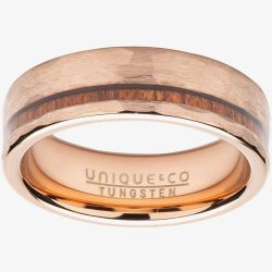Unique Mens Rose Gold Plated Hammered Tungsten Wood Inlay 7mm Ring TUR-126