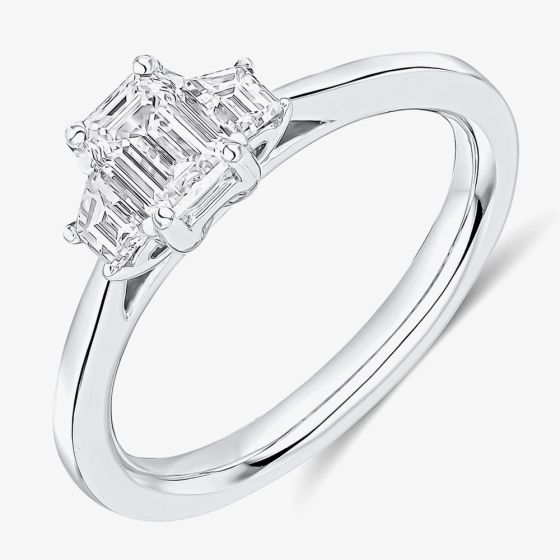 Platinum 0.75ct Certificated Emerald Cut Diamond Three Stone Ring TRL32419