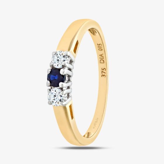9ct Yellow Gold Three Stone Blue Sapphire 0.15ct Diamond Ring PR06007Y SA