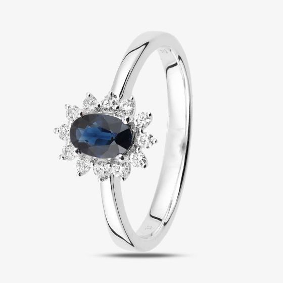 18ct White Gold Oval Sapphire & 0.15ct Cluster Diamond Ring DR1605W18SA