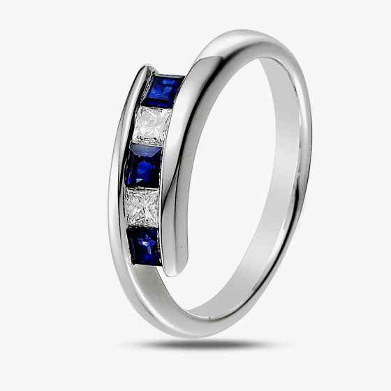 18ct White Gold Tension Set Square Sapphire and Diamond Crossover Ring E62272/18-SA