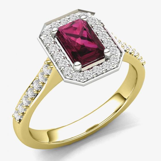 9ct Baguette Cut Ruby and Round  Diamond Cluster Shouldered Ring R4073-64R Y 9