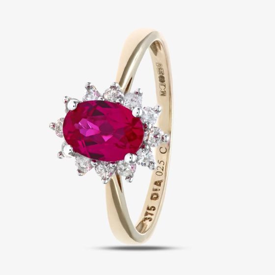 9ct Yellow Gold Oval Ruby & 0.25ct Diamond Cluster Ring PR10470Y RU