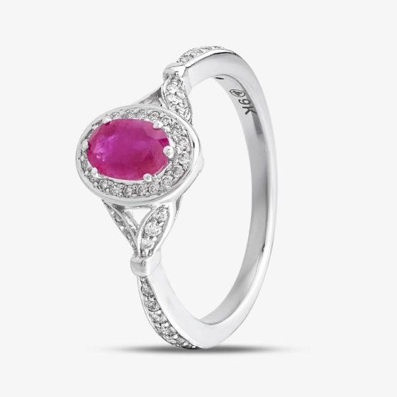 9ct White Gold Oval Cut Ruby & Brilliant Cut Diamond Shoulder Set Halo Ring 30978/70-10
